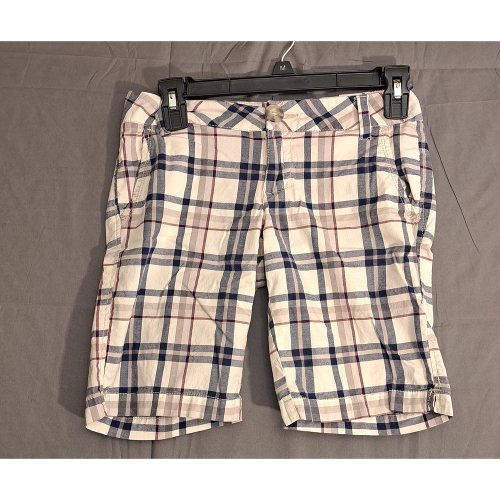 Aéropostale Stretch Classic Plaid Bermuda‎ Shorts Womens Size 00 White Navy